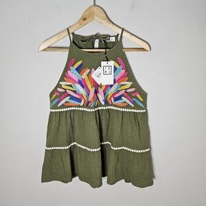 THML Feather Print Embroidered Swing Top Green Multi NWT M Medium